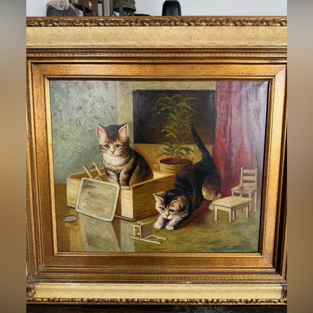 LARGE VNTG ANTIQUE P. ENGLISH 19TH C. OIL ON CANVAS PAINTING ‘KITTENS AT PLAY’